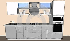 Sketch drawing of 3d grey modern kitchen interior with round hood and glass doors of cupboards