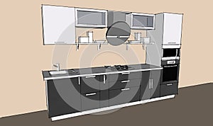 Sketch drawing of 3d grey modern kitchen interior with round hood and glass doors of cupboards