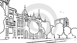 Sketch drawing city shape silhouette perspective vector sign