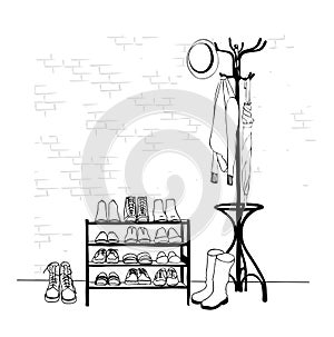 Sketch drawing clothes hanger, hat, bug, jacket, shoes, umbrella, sketch by hand with contour lines. Vector illustration