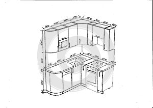 Sketch, drawing of furniture for the kitchen with dimensions.