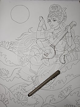 The Sketch and Drawing of Goddess Sarasvati