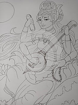 The Sketch and Drawing of Goddess Sarasvati