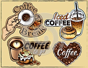 Sketch drawing icons of coffee break, iced coffee, drink to go, coffee beans in heart shape, cappuccino, latte, espresso