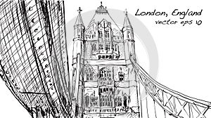 Sketch drawing in London England show Tower Bridge, illustration