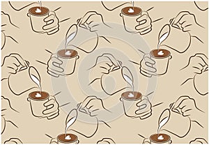 Sketch drawing pattern of barista making a coffee latte art. Human add milk to espresso