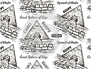 Sketch drawing pattern of Egypt. Drawing Great Sphinx of Giza, Cairo landscape, Pyramid of Khufu, Cheops