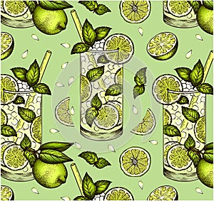 Sketch drawing pattern of Mojito cocktail in glass with fresh lime and mint leaf isolated on green background.