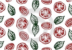 Sketch drawing pattern with red tomatoes and green basil leaves.