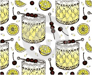 Sketch drawing pattern of Whiskey Sour cocktail isolated on white background.