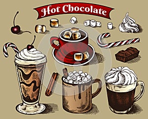 Sketch drawing set of hot chocolate drinks with marshmallow, whipped cream, candy cane, cinnamon.