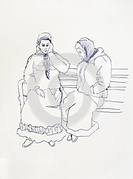Sketch drawing of two romani women sitting on the bench, gypsy g