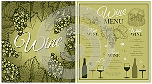 Sketch drawing Wine menu poster with grapes, champagne bottle and drinking glass isolated on green background.