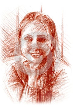 Sketch drawn by sanguine. Portrait of a young girl