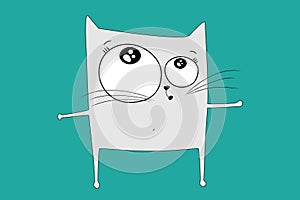 Sketch drawn in vector gray surprised cat on a blue background look up with his mouth open