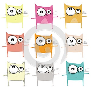 Sketch drawn in vector: pattern of different cat flying and dancing with emotions: sad, funny, cry, laugh on an isolated