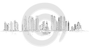 Sketch of Dubai skyscrapers, modern architecture of Dubai Marina