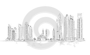 Sketch of Dubai skyscrapers, modern architecture of Dubai Marina