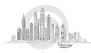 Sketch of Dubai skyscrapers, modern architecture of Dubai Marina