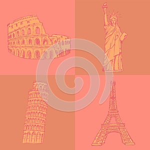 Sketch Eifel tower, Pisa tower, Coloseum and Statue of Liberty,