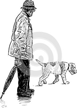 Sketch of elderly man in hat with umbrella and his dog walk outdoors