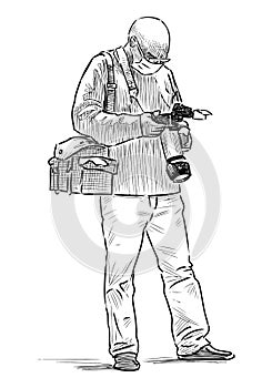 Sketch of elderly professional  fotographer in mask at a work
