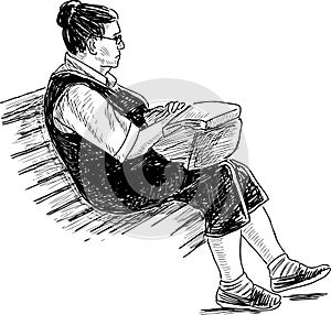 Sketch of an elderly woman resting on a park bench