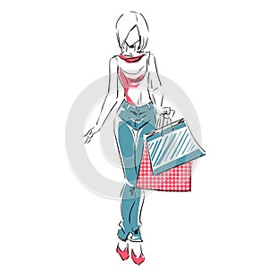 Sketch with elegant girl with shopping bags