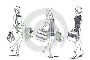 Sketch with elegant girls with shopping bags