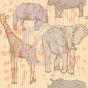 Sketch elephant, rhino, giraffe and hippo, vector seamless pattern photo