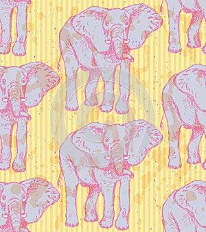 Sketch elephant, vector vintage seamless pattern