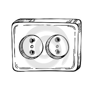 Sketch Empty electric socket. Cartoon, hand drawn unplugged european wall outlet