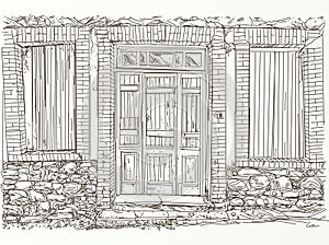 Sketch of the entrance to the old house. Vector illustration