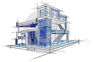 Sketch of exterior building draft blueprint design