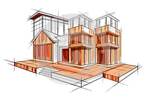 Sketch of exterior building draft blueprint design