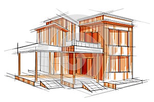 Sketch of exterior building draft blueprint design