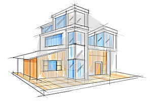 Sketch of exterior building draft blueprint design