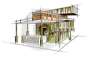 Sketch of exterior building draft blueprint design