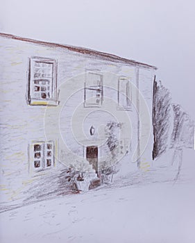 The sketch of facade of old house