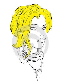 Sketch of the face of a fashion girl. Fashion girl face.