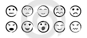 Sketch face. handdrawn icon of smile. Happy and sad emoticon. Doodle of smiley. Set of emoji faces. Outline of black icons. Angry