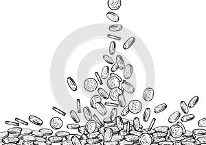 Sketch of falling coins, money flowing top down, big pile of cash, a lot of money, treasure concept. Black and white