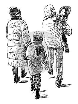 Sketch of family casual citizens walking together down street