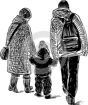 Sketch of a family going on a stroll