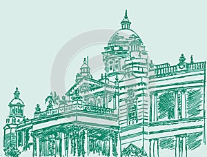 Sketch of Famous Wodeyar Second Largest Palace in Mysore Lalitha Mahal Editable Outline Illustration photo