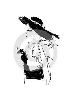Sketch fashion.Abstract simple black and white painting of beautiful model. Haute couture Classic woman. Fashion illustration of c