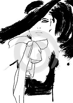 Sketch fashion.Abstract simple black and white painting of beautiful model. Haute couture Classic woman. Fashion illustration of c photo