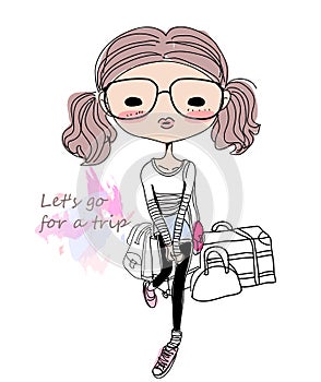 Sketch fashion girl and luggage