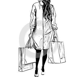 Sketch fashion girl. Stylish woman in fashion clothes with packages in her