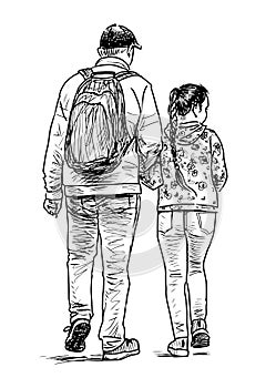Sketch of father with daughter walking together for a stroll